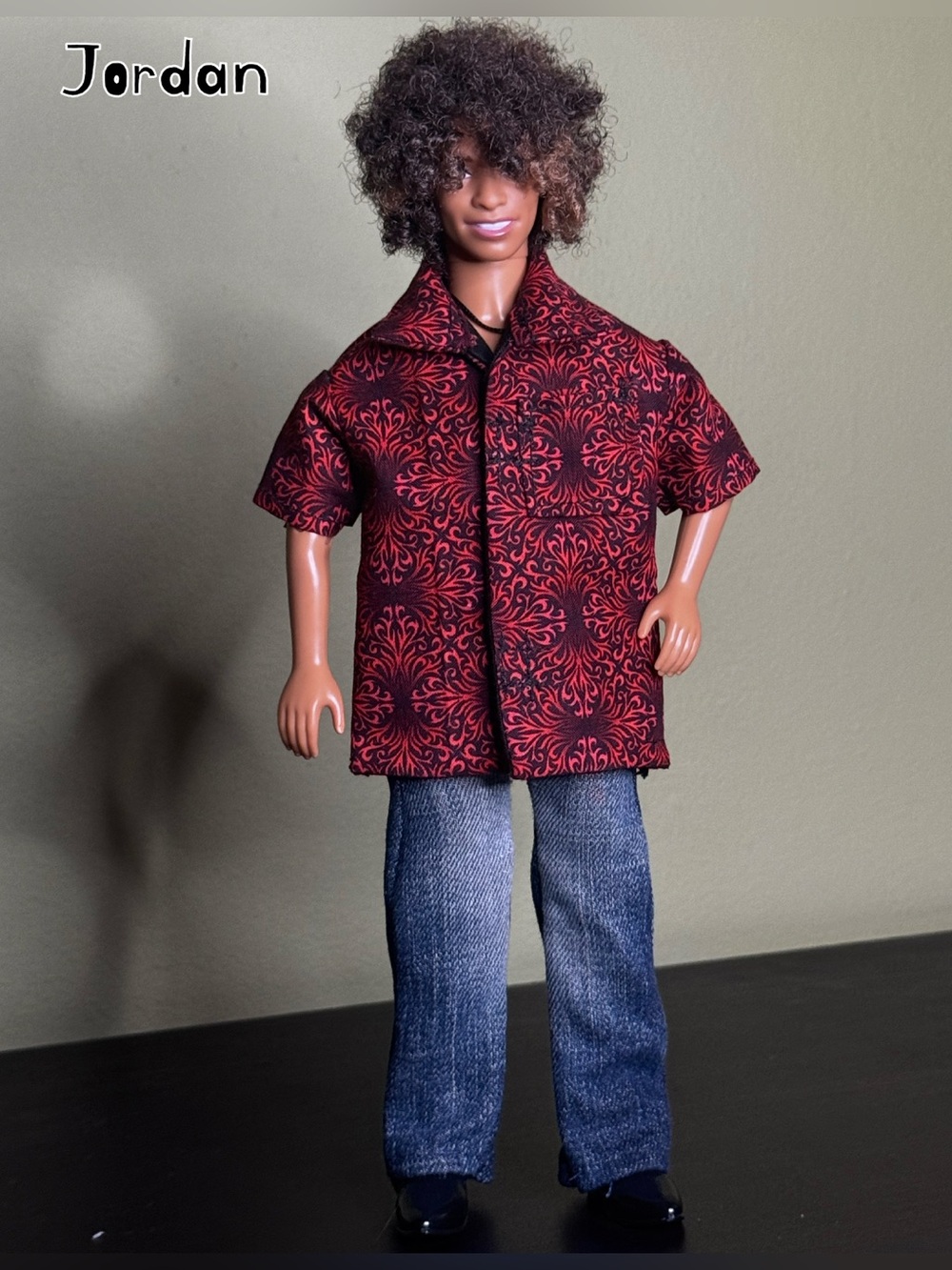Crimson damask swirl print doll shirt lined in black